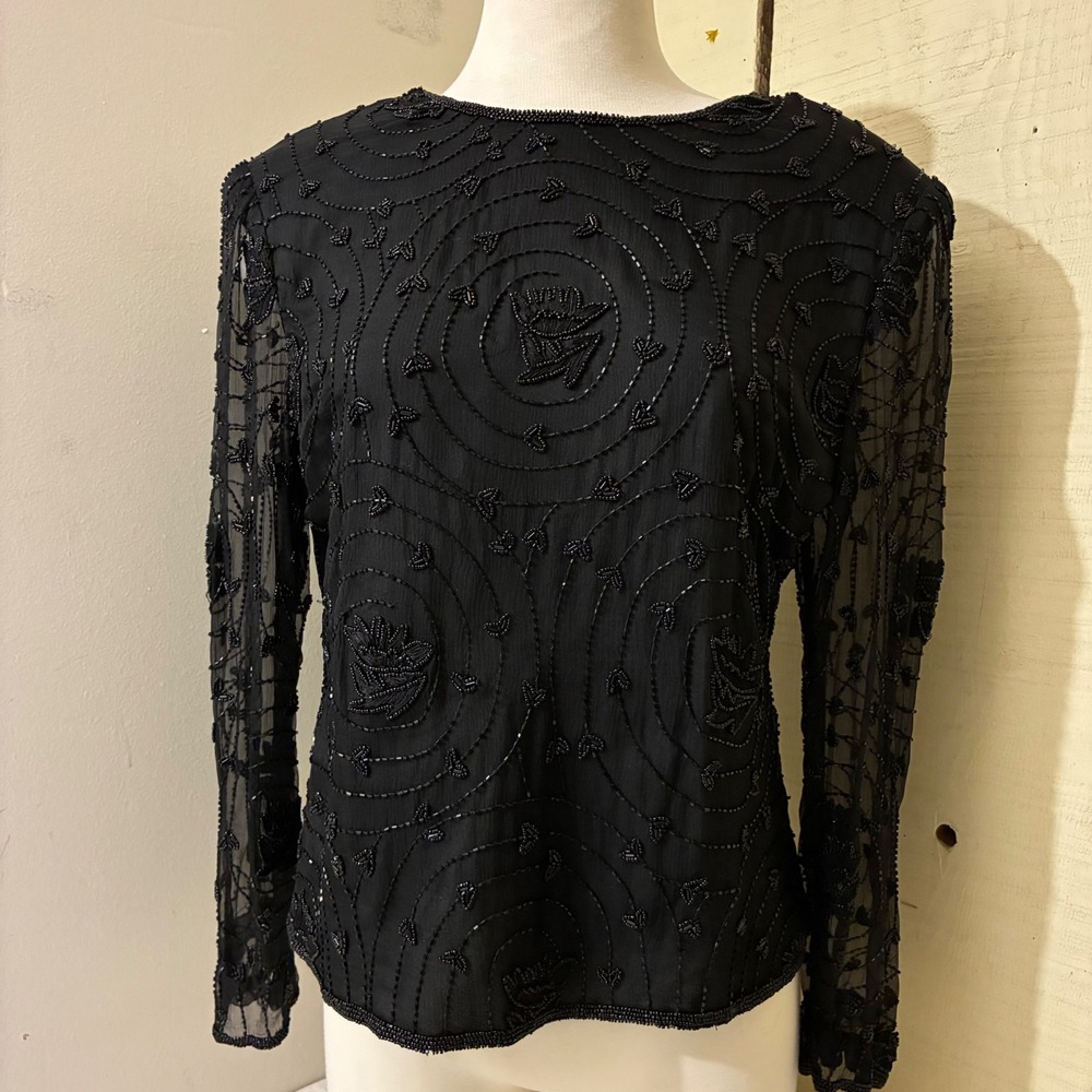 Laurence Kazar Vintage Black Beaded Silk Evening Top Sheer Long Sleeve‎ XL